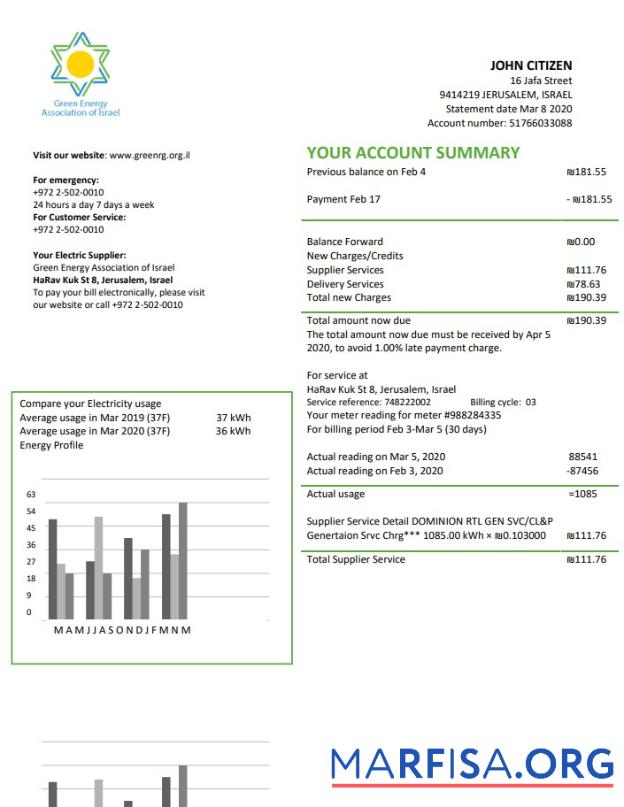 Printable Israel Green Energy Association of Israel utility bill template in Word and PDF format (doc)